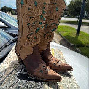 Genuine, leather cowgirl boots use, but still have a lot of life left to them